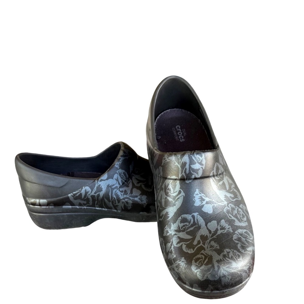 Crocs Neria Pro II Graphic Work Clogs Black Metallic Rose Floral Womens Size 10